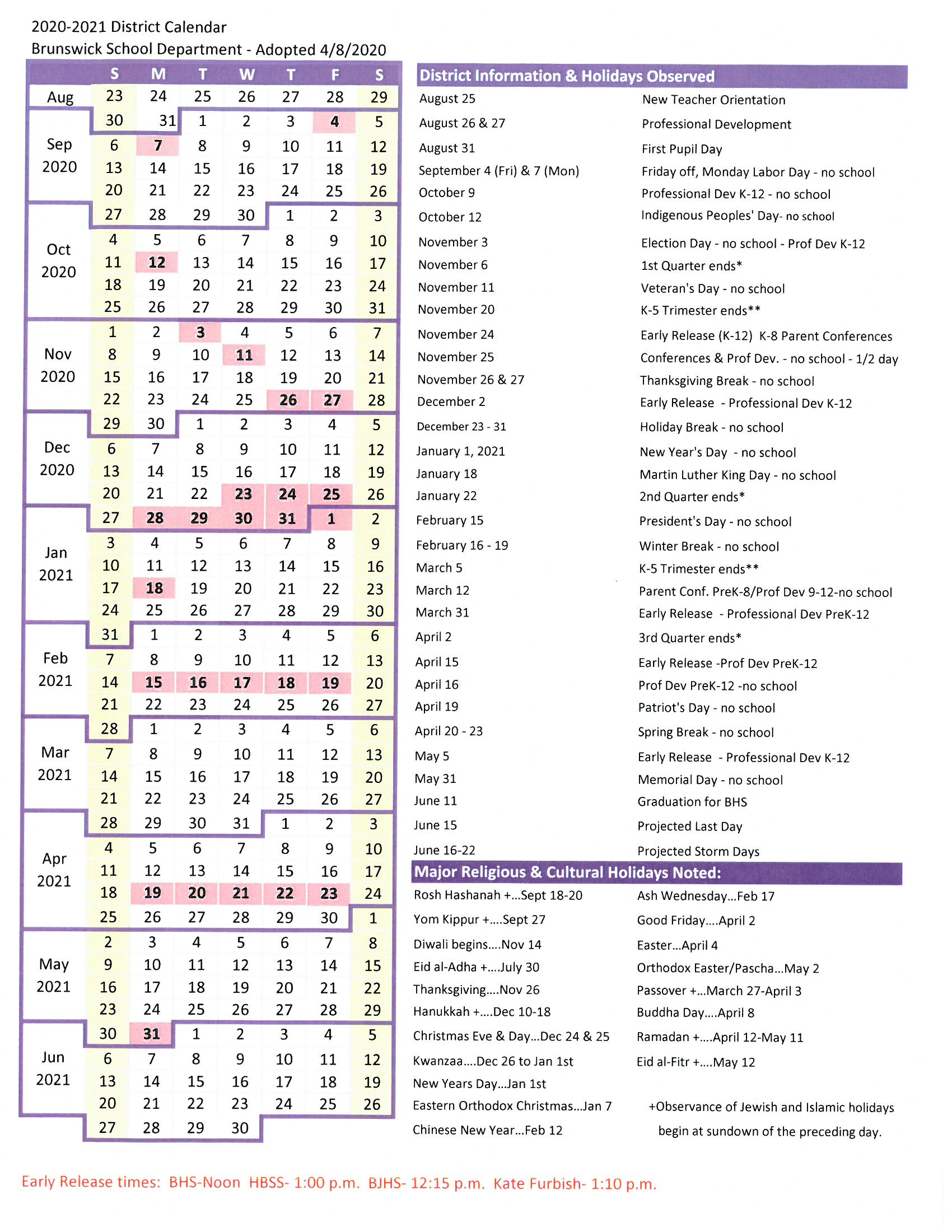 District Calendar Brunswick School Department