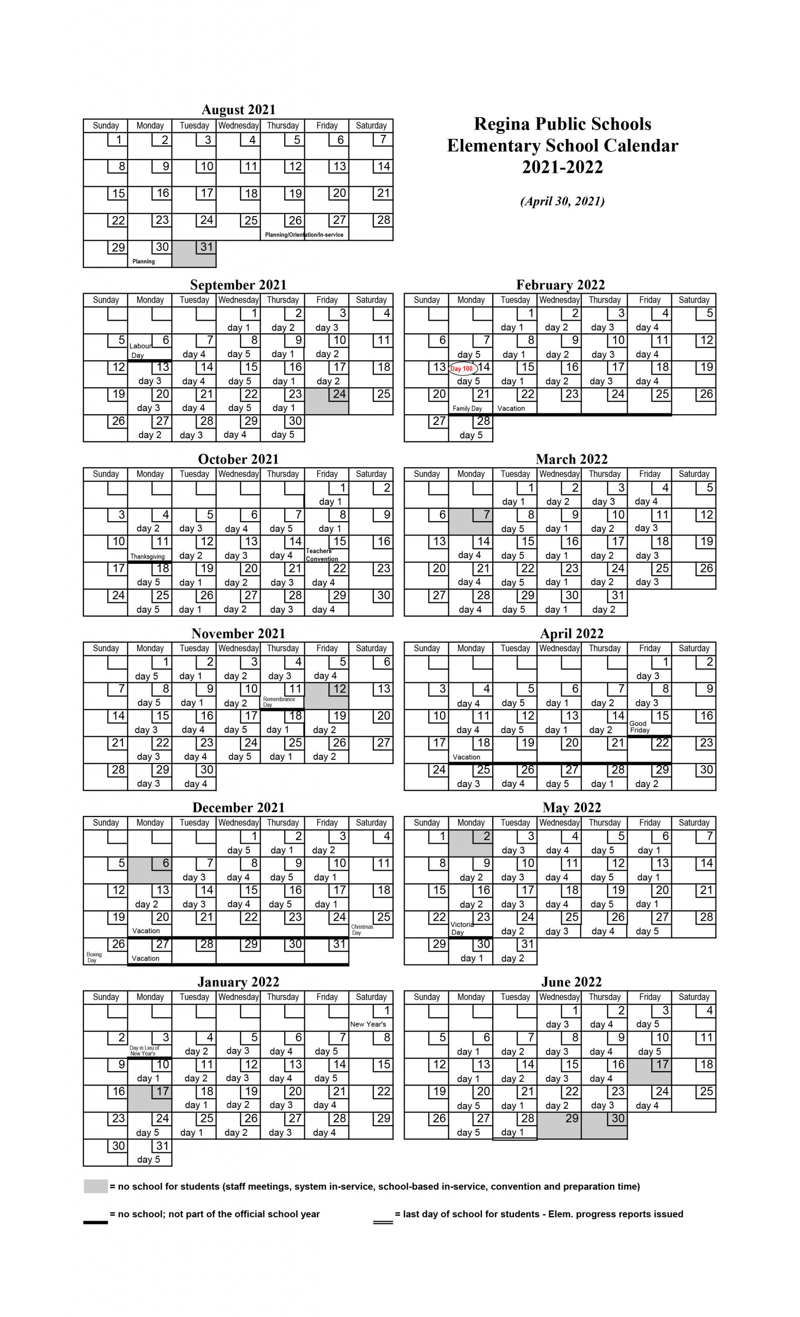 Elementary Day 1 5 Calendar 2021 22 Regina Public Schools