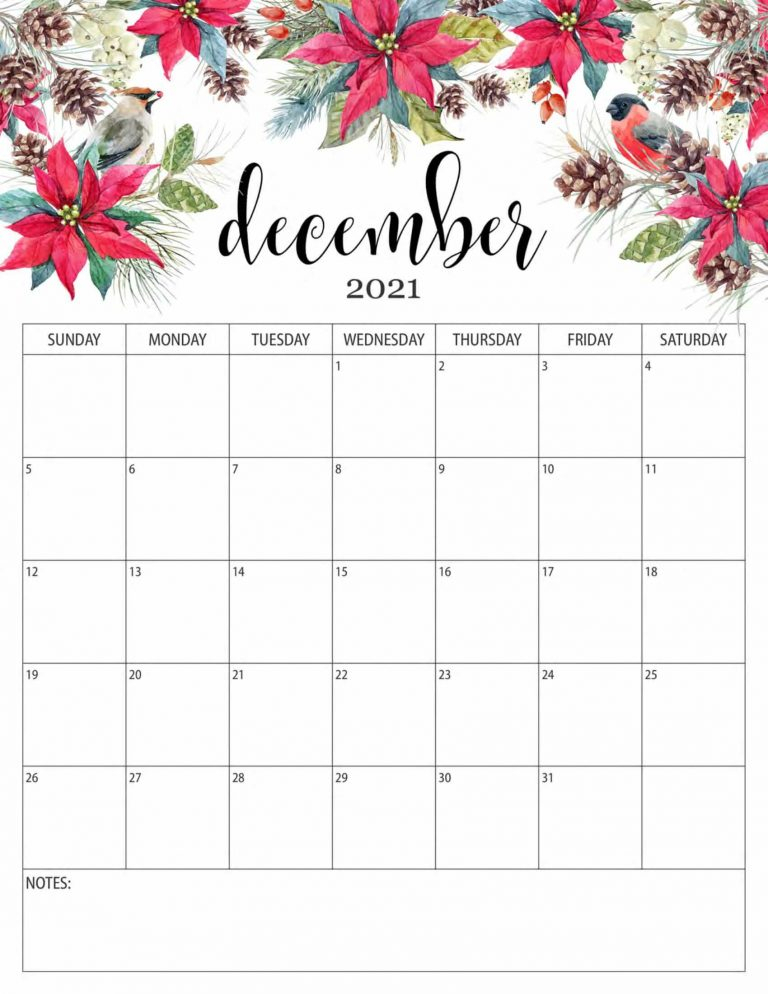 Floral December 2021 Calendar Templates Printable 2021