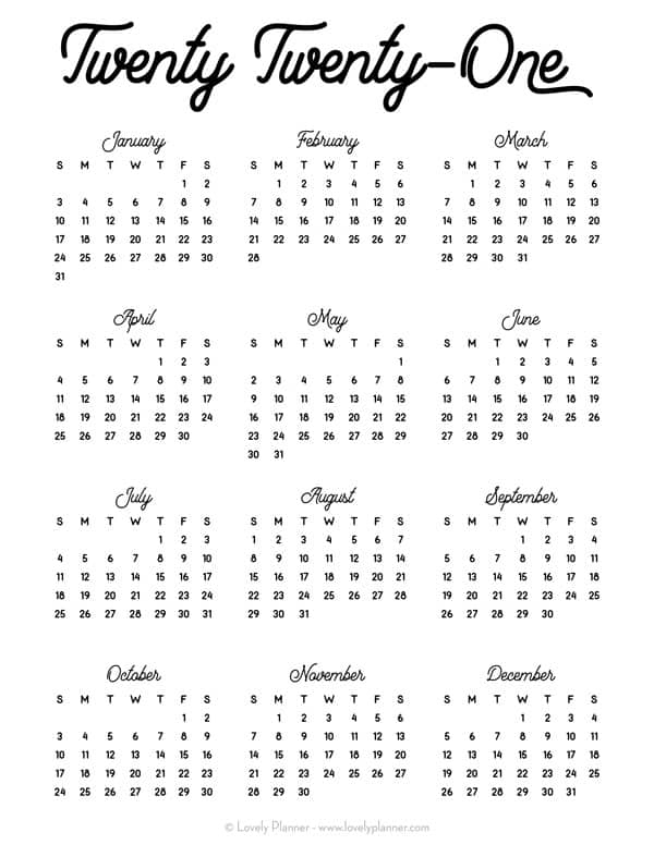 Free Printable 2021 Calendar Script Lovely Planner