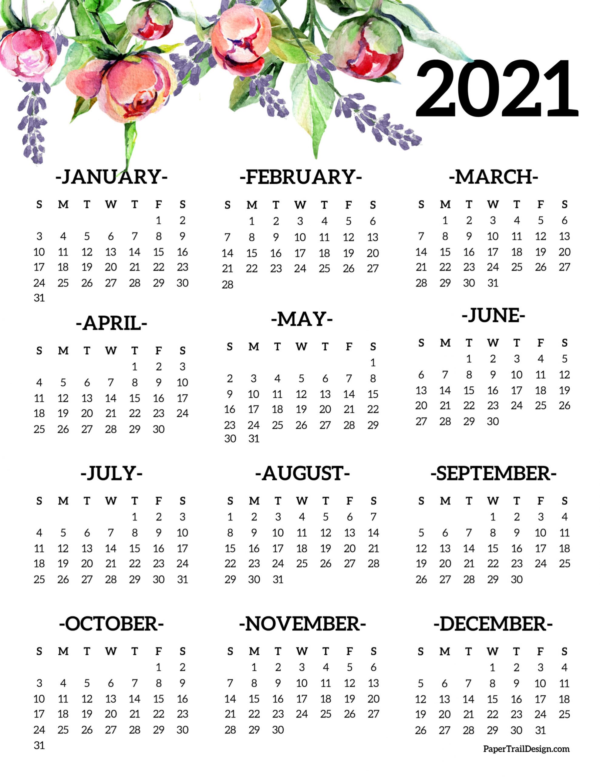 free printable 2021 one page floral calendar paper trail