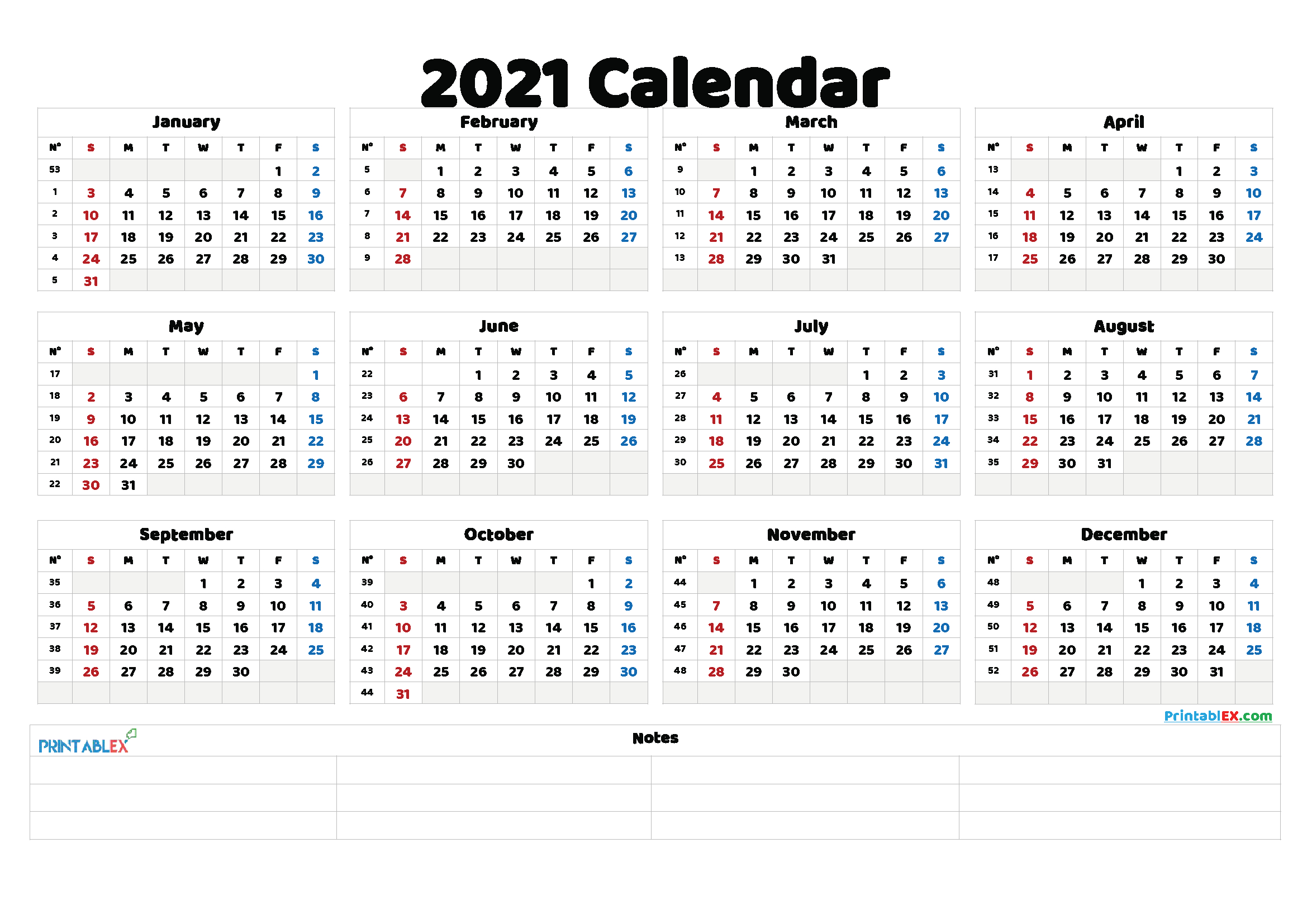 Free Printable 2021 Yearly Calendar 21ytw137 Printable