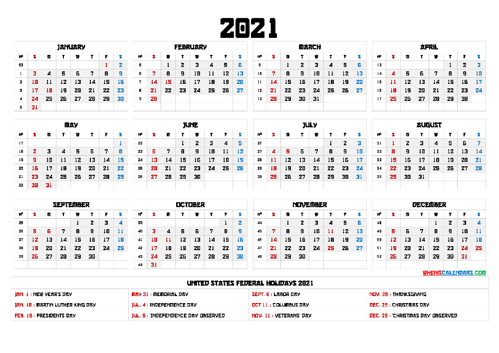 free printable calendar 2021 monthly holiday large print