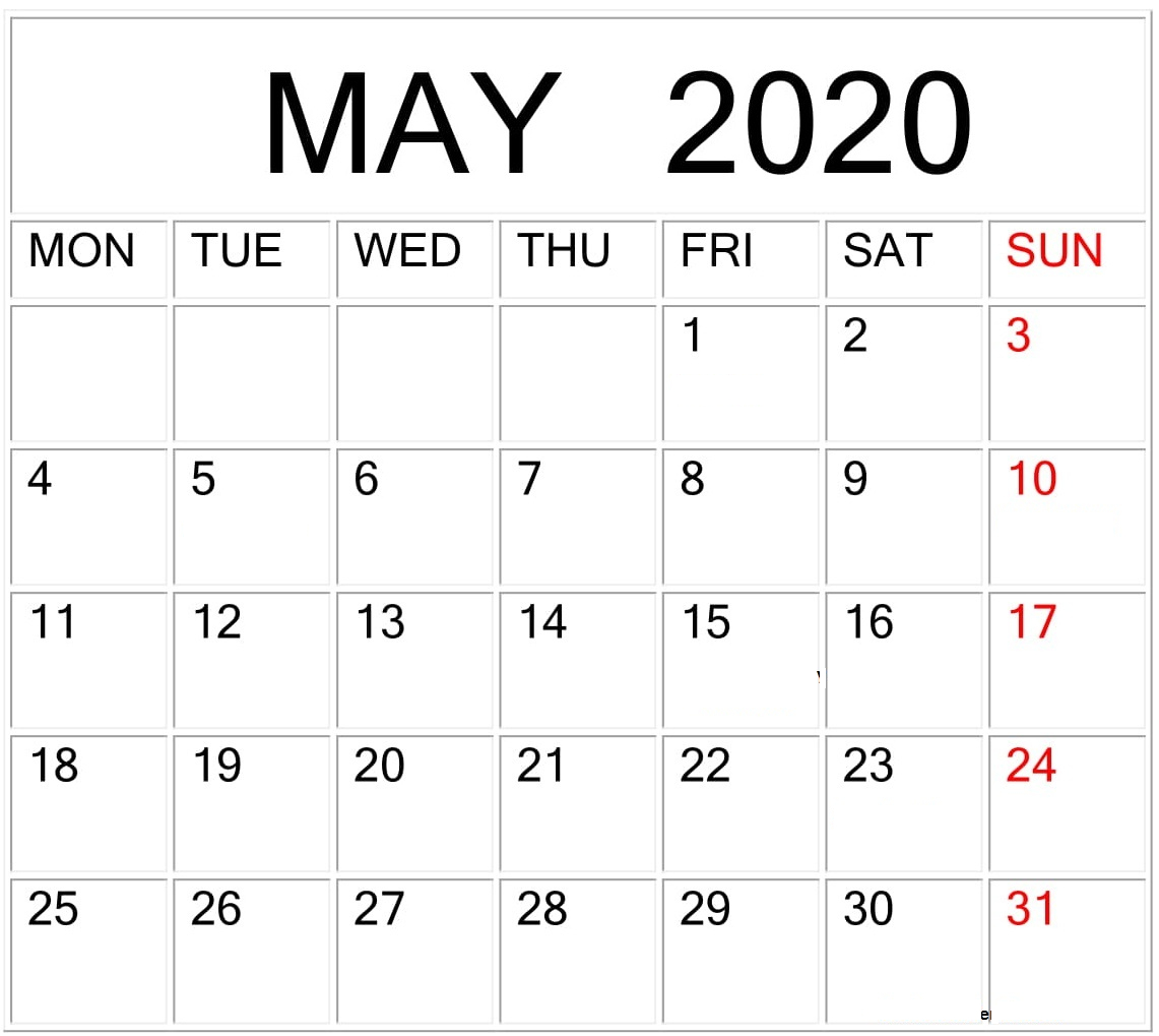 May Calendar 2020 Free Printable Pdf Word Excel