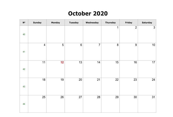 Monthly October 2020 Calendar Template Free Printable