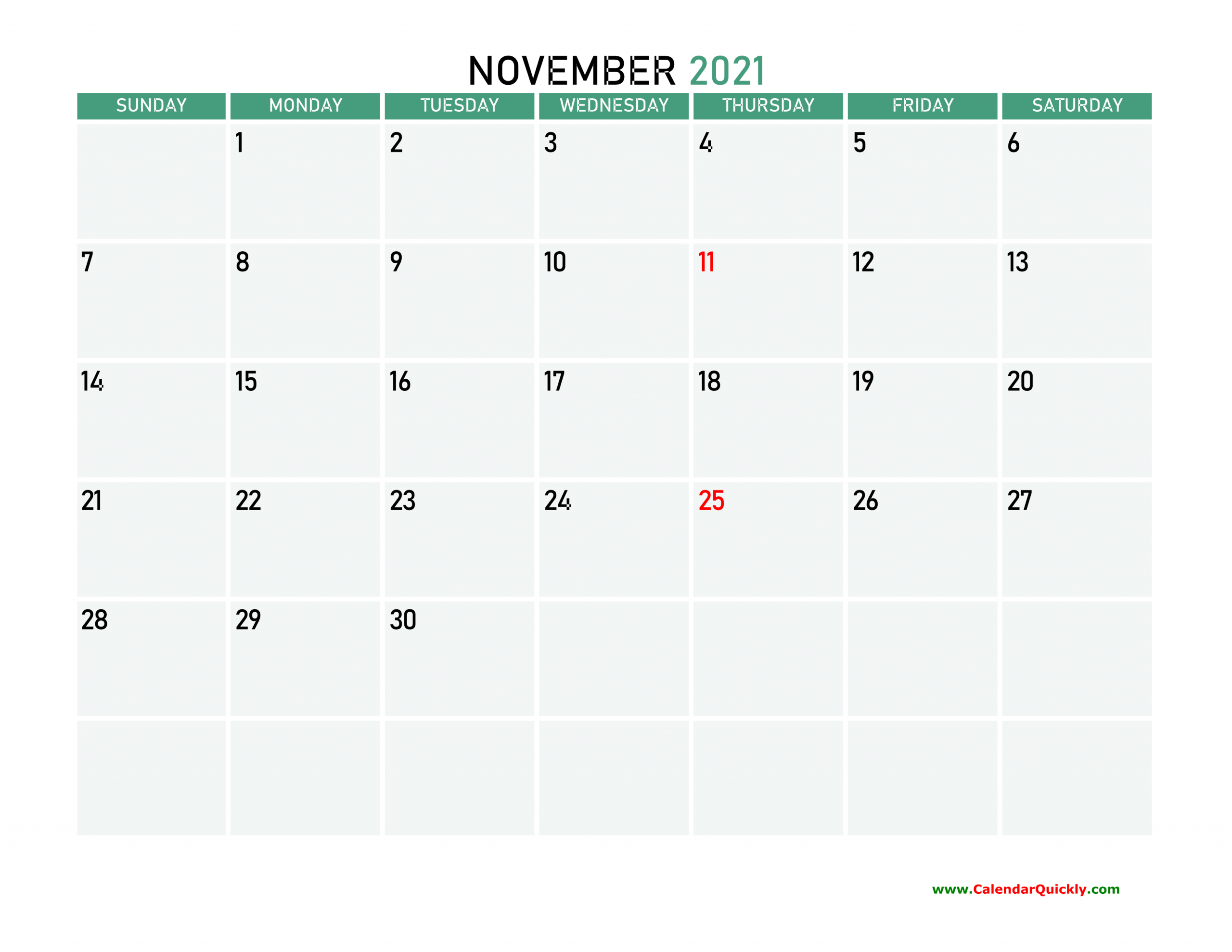 November 2021 Printable Calendar Calendar Quickly