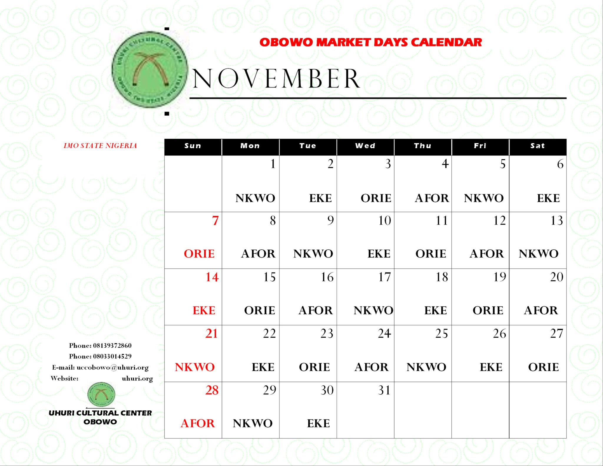 Obowo Igbo Market Calendar Uhuri