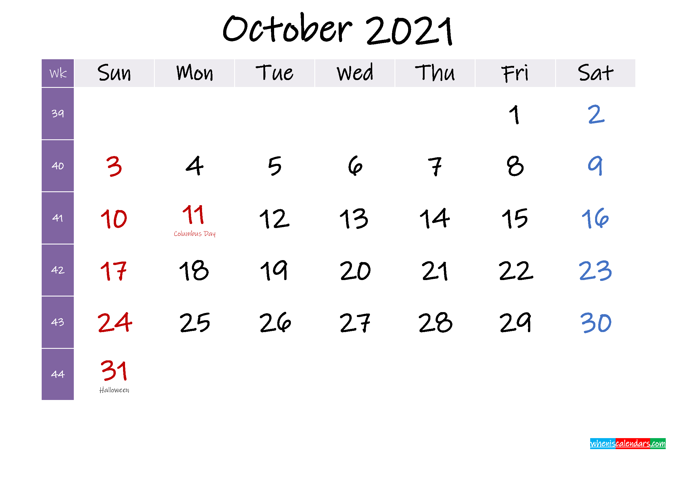 October 2021 Free Printable Calendar With Holidays