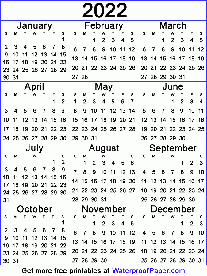 One Page Calendar Free Printable For 2021 2022