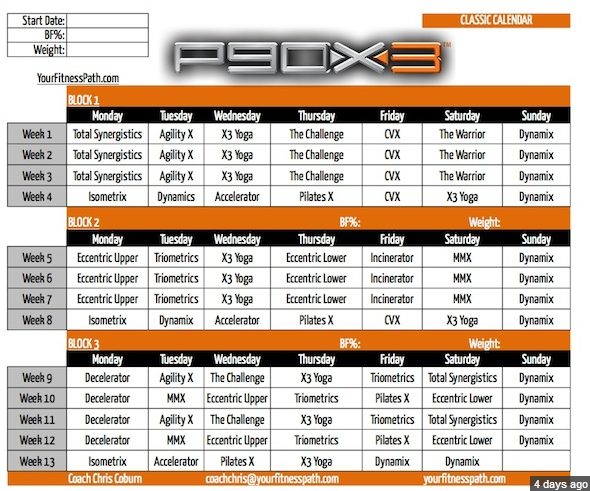 P90x3 Calendar P90x3 Workouts