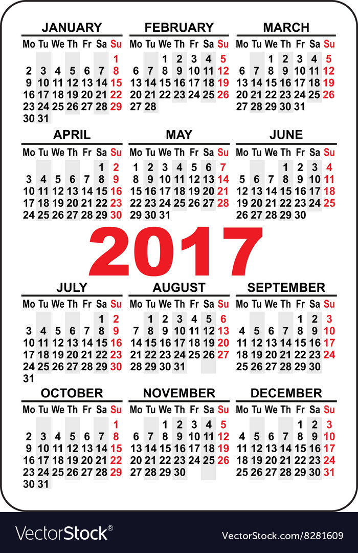 pocket calendar 2017 first day monday royalty free vector