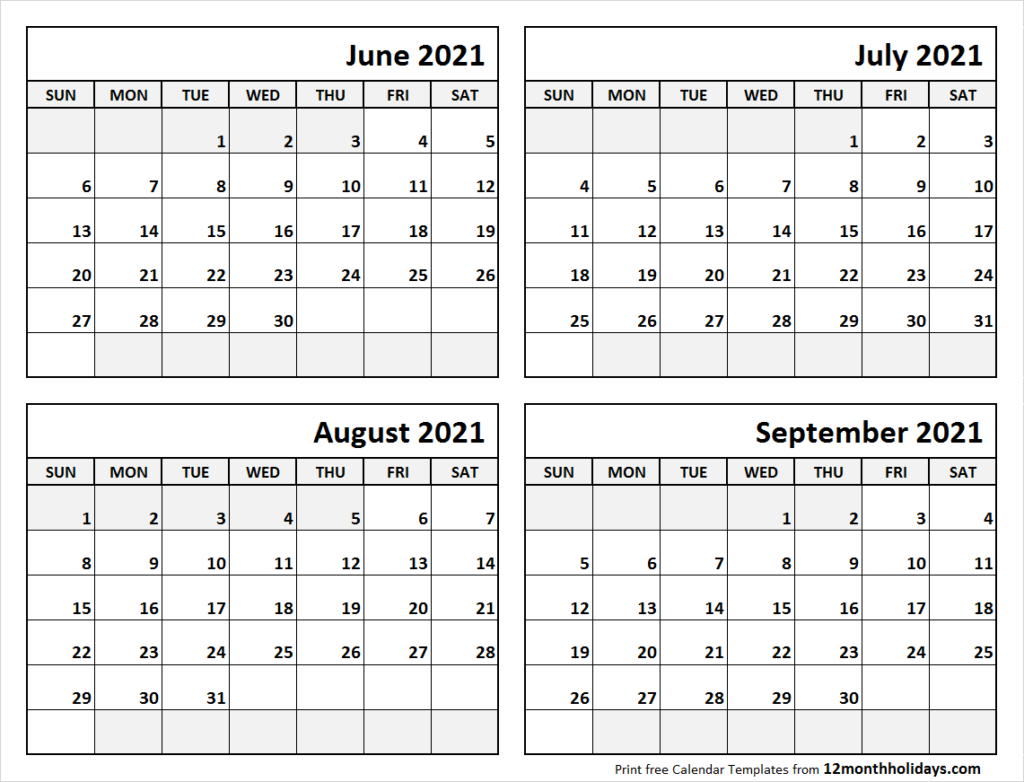 Print June To September 2021 Calendar Template 4 Month