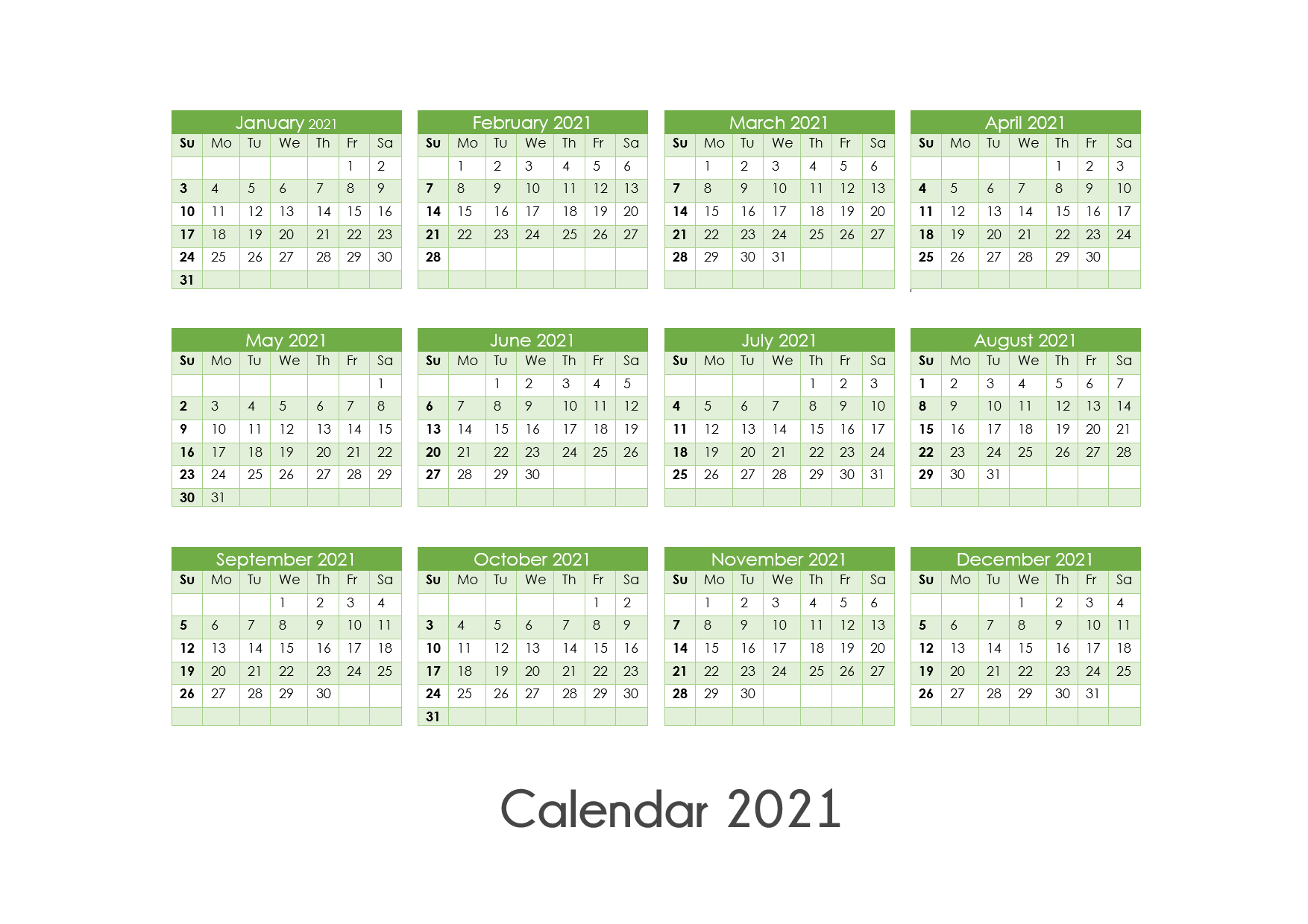 Printable Calendar 2021 One Page Yearly Calendar Blank
