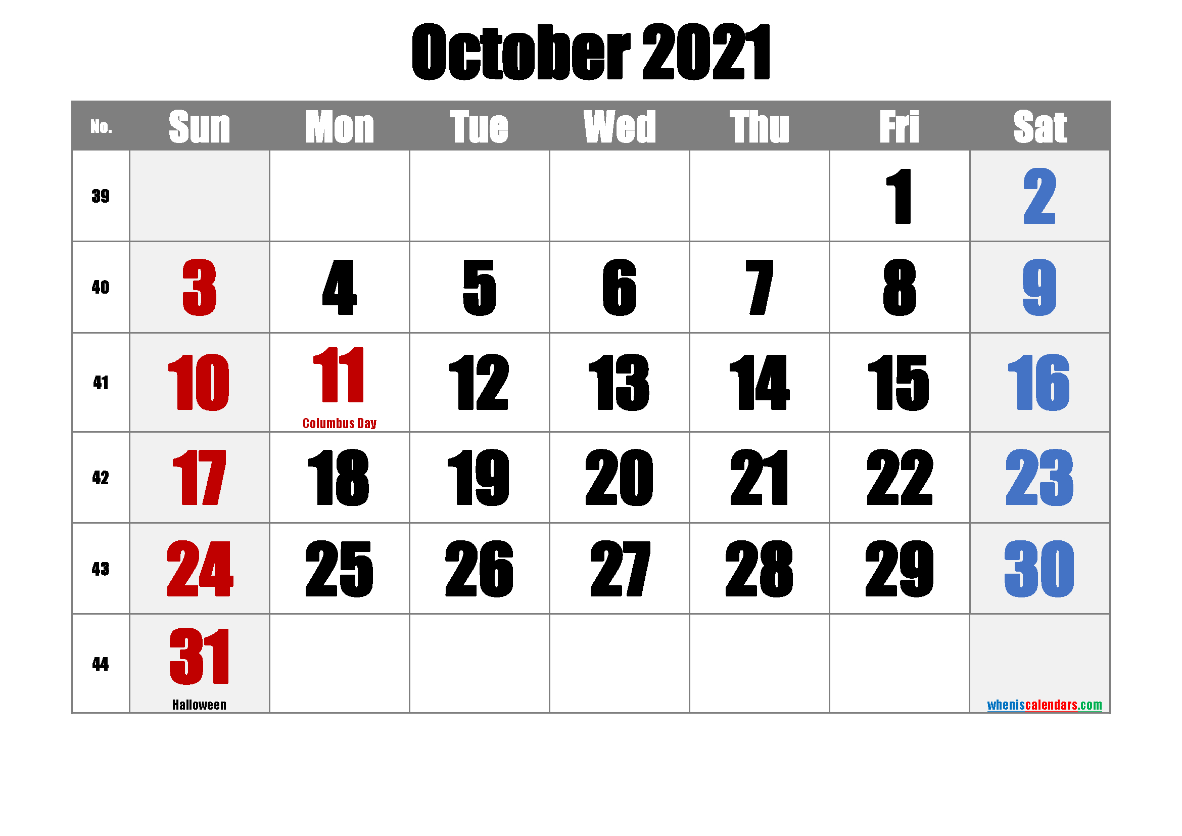 Printable Calendar October 2021 Template No Ip21m22