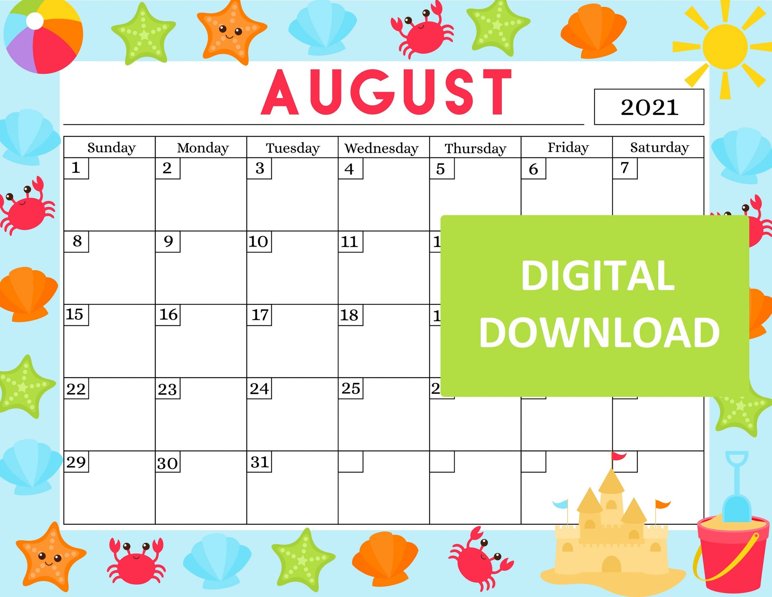 Printable Calendar Printable Kids Calendar August 2021 Etsy