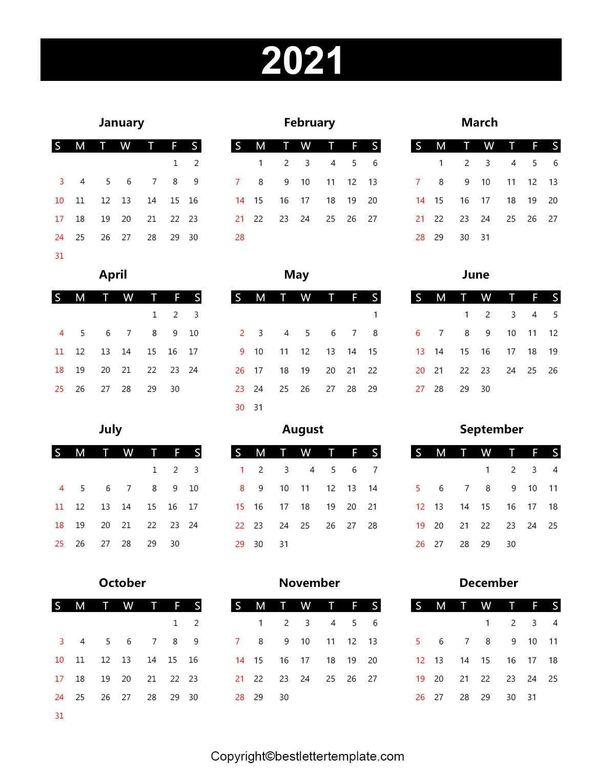 Printable Yearly 2021 Calendar Template In Pdf Word Excel