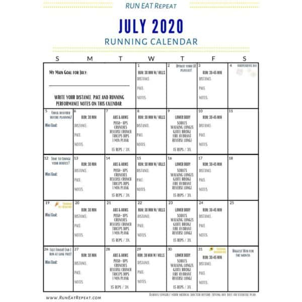 Running Journal Calendar July 2020 Free Printable 1