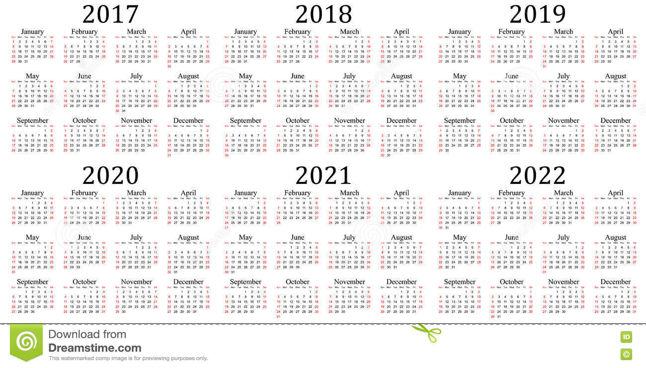Six Year Calendar 2017 2018 2019 2020 2021 And 2022