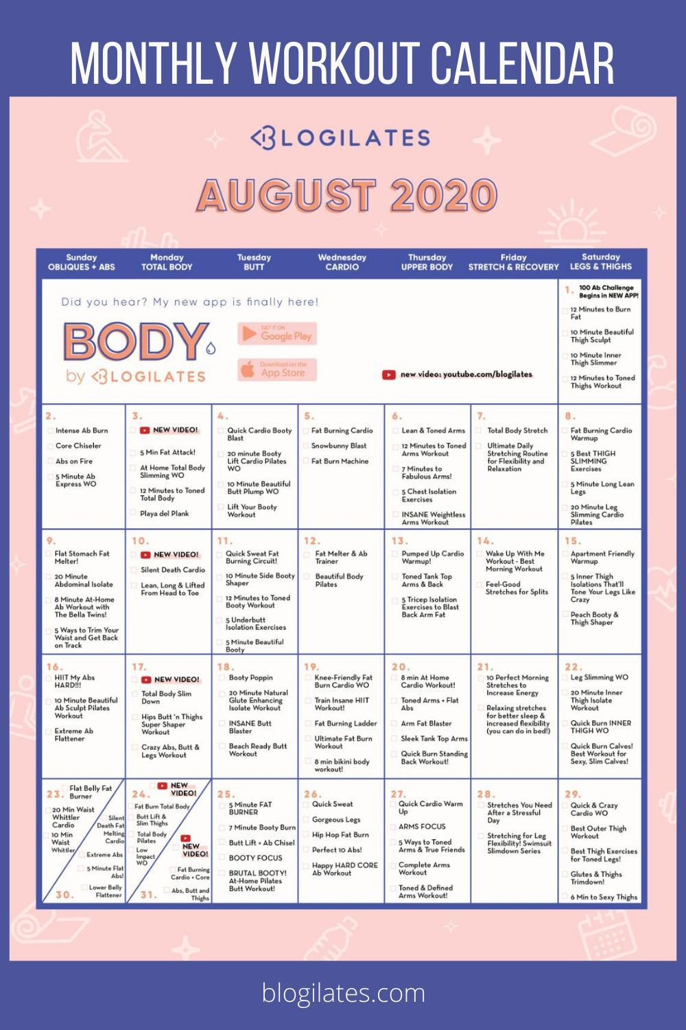 The Blogilates August 2020 Workout Calendar Blogilates