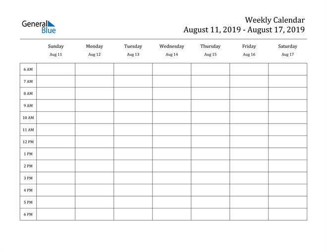 Weekly Calendar August 11 2019 To August 17 2019