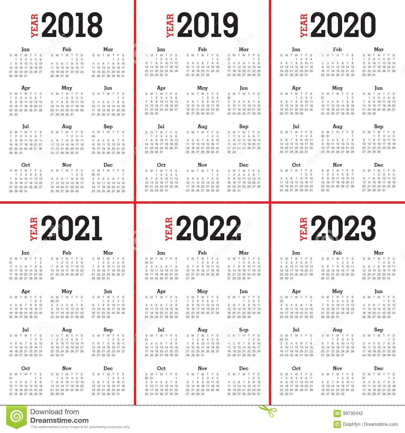 Year 2018 2019 2020 2021 2022 2023 Calendar Vector Stock