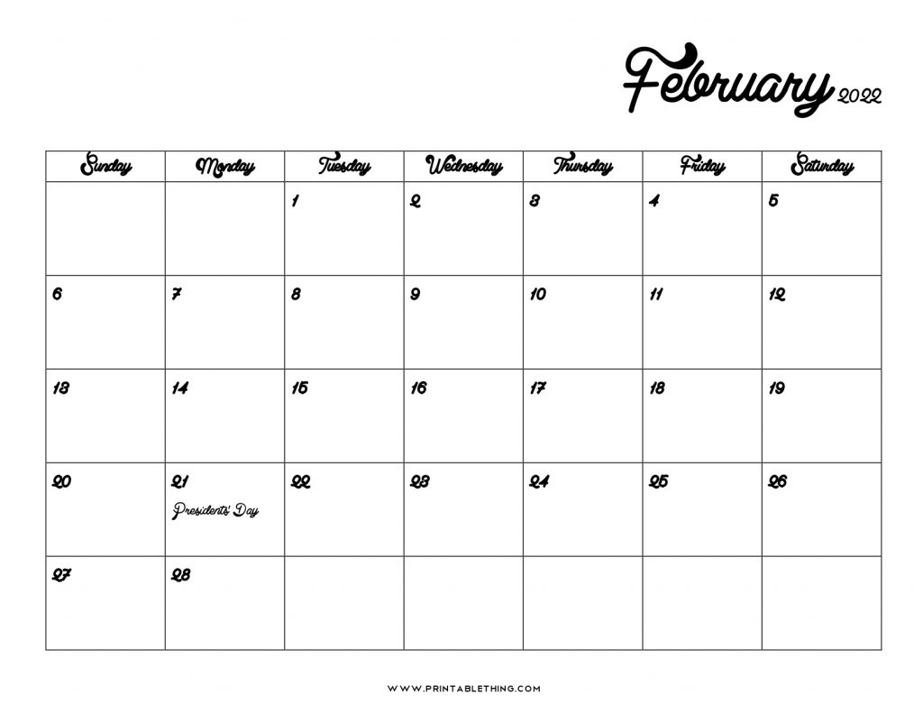 20 February 2022 Calendar Printable Pdf Us Holidays Blank Free 4