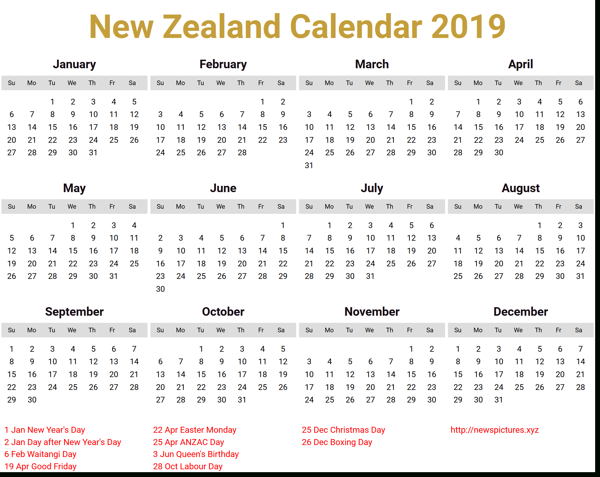 20 New Zealand Calendar 2021 Free Download Printable