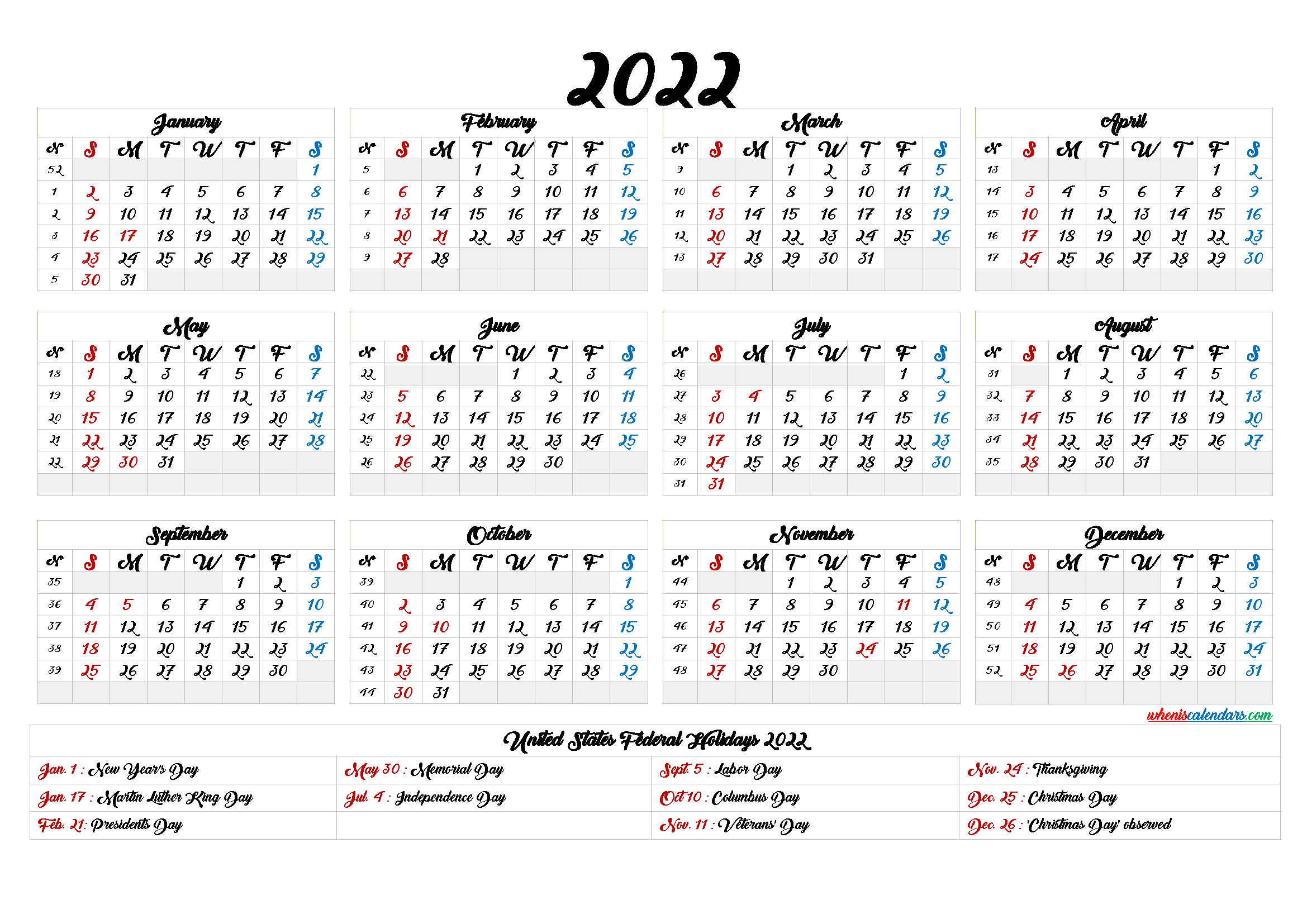20 Printable Calendar 2022 Free Download Printable
