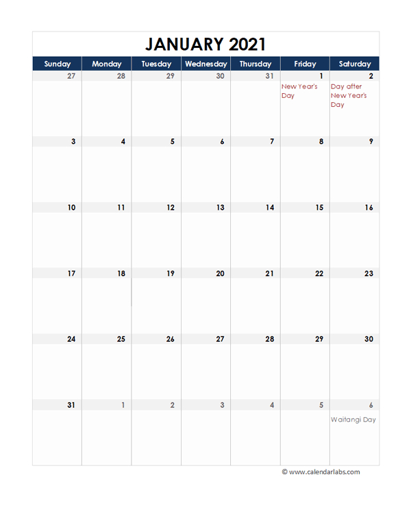 2021 New Zealand Calendar Spreadsheet Template Free