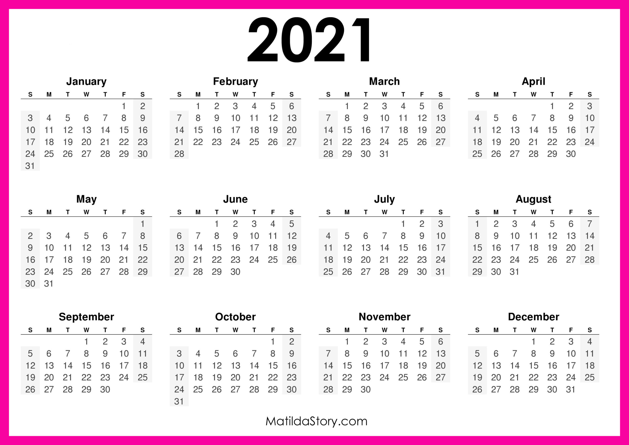 2021 Printable Free Calendar Horizontal Pink Sunday