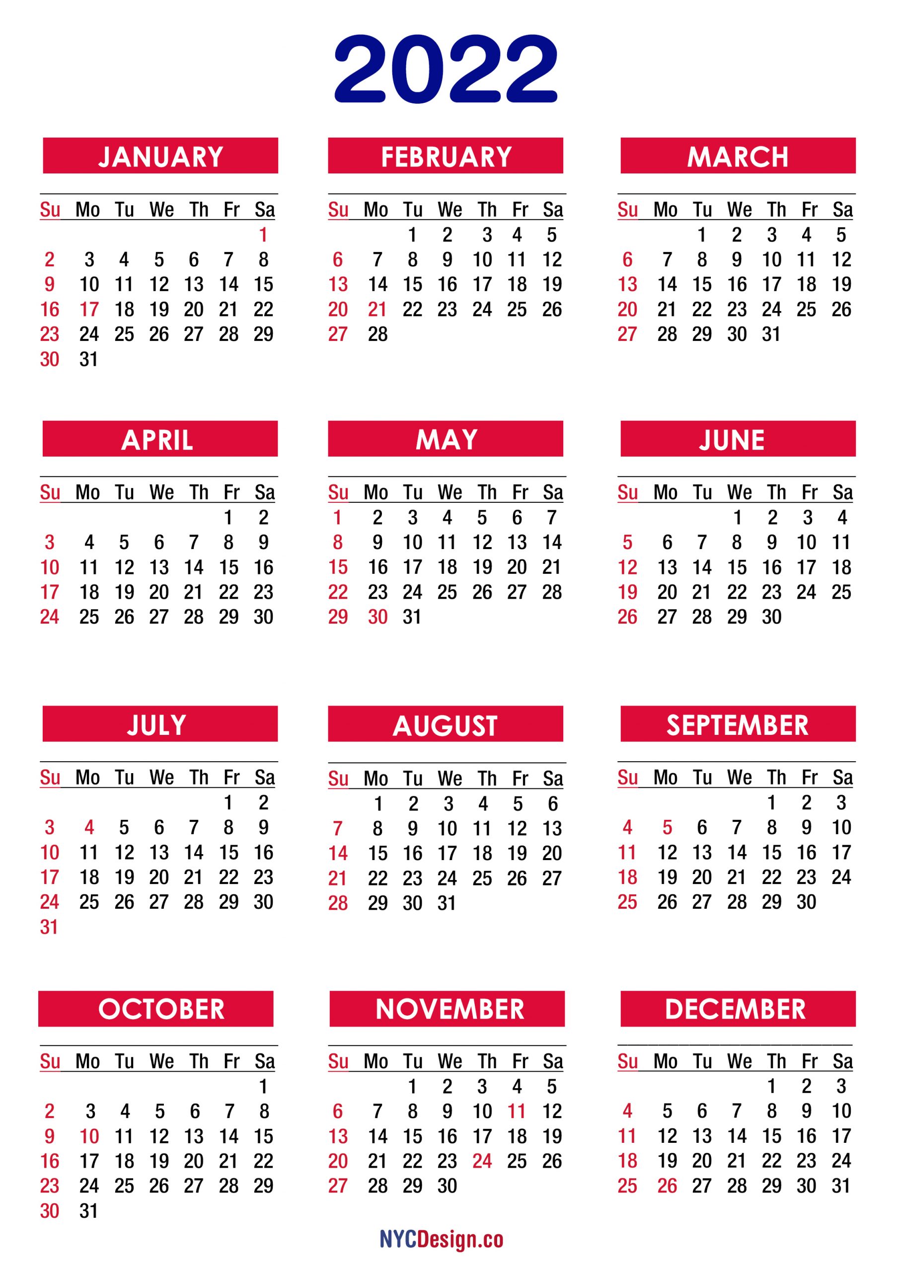 2022 Calendar With Holidays Printable Free Pdf Colorful