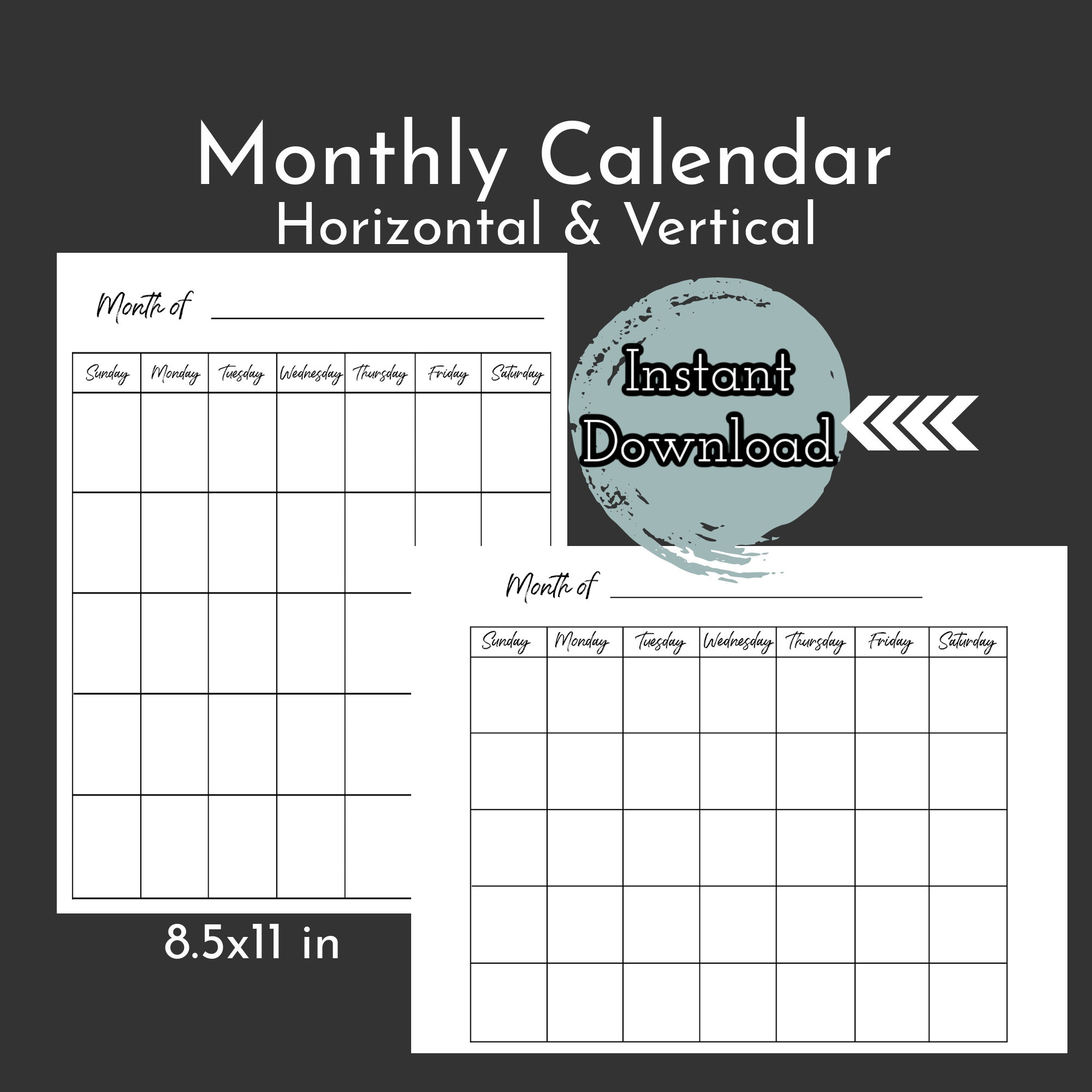 8 5 X 11 Inch Blank Printable Calendar Monthly Calendar Etsy