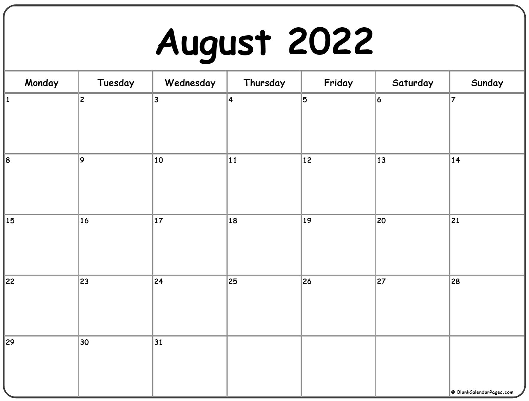 August 2022 Calendar Monday To Friday June Calendar 2022