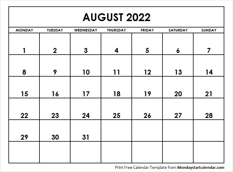 Blank 2022 August Calendar August Month Template