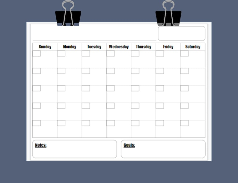 Blank Calendar Printable Template 8 5 X 11 Instant