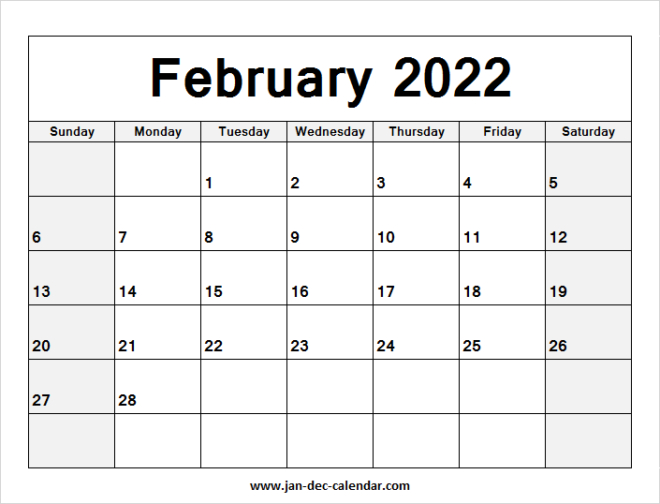 Blank Printable February Calendar 2022 Template Free