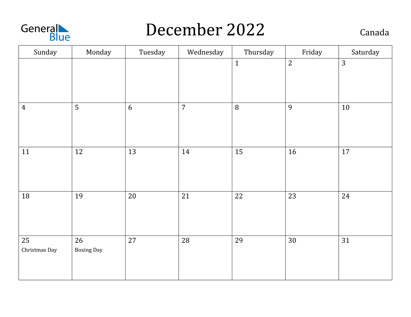 december 2022 calendar canada