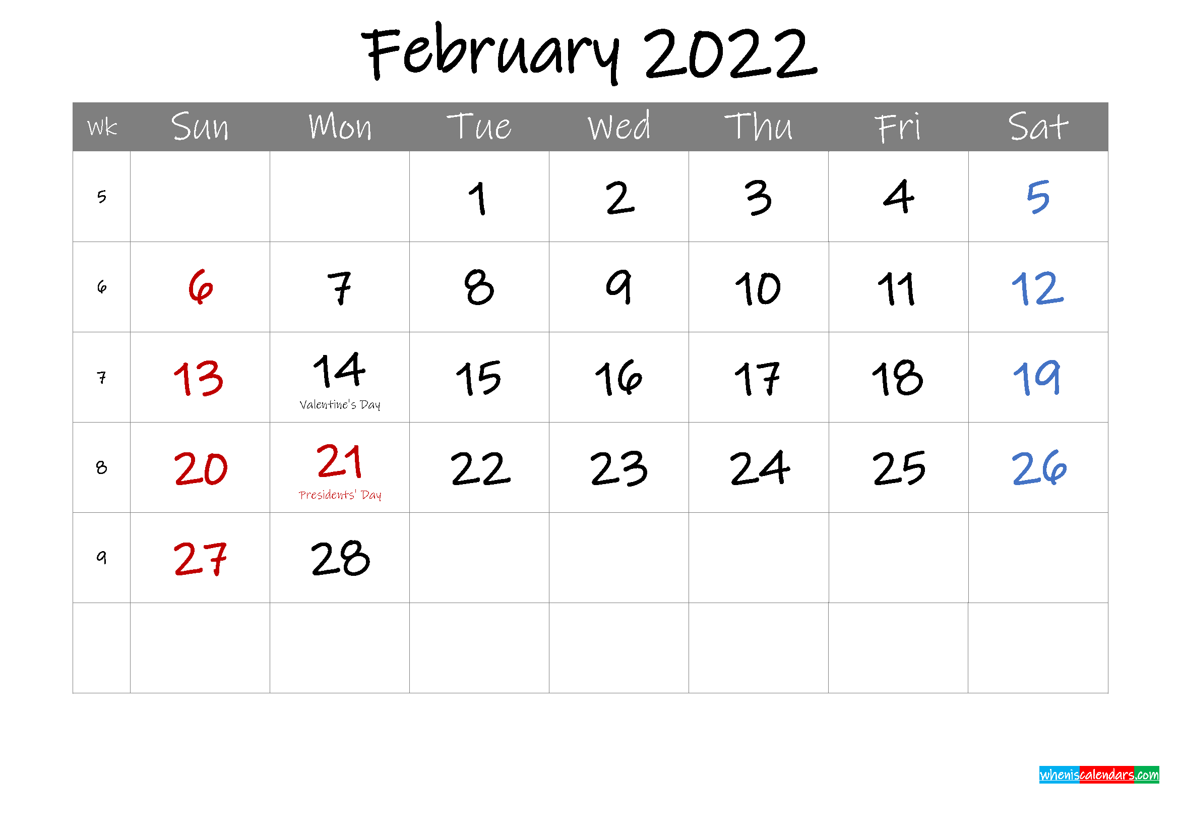 editable february 2022 calendar with holidays template