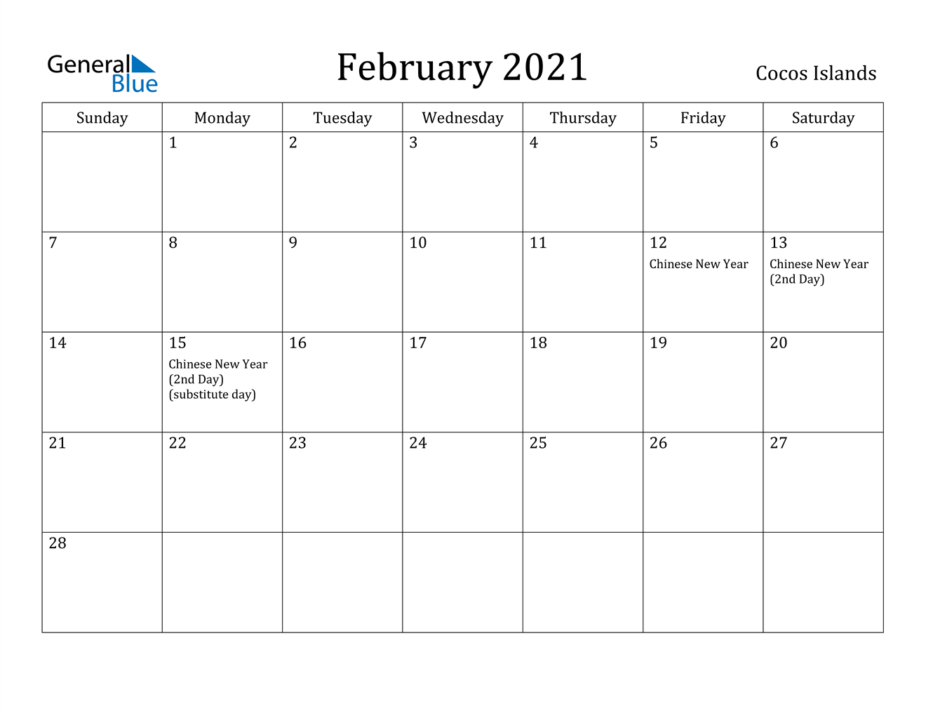 February 2021 Calendar Cocos Islands