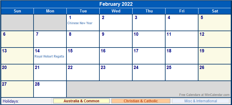 February 2022 Australia Calendar With Holidays For