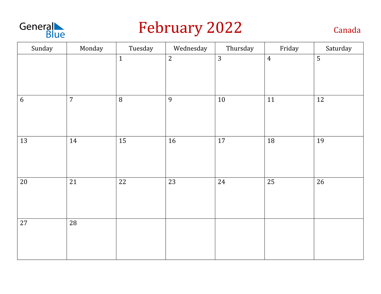 february 2022 calendar canada