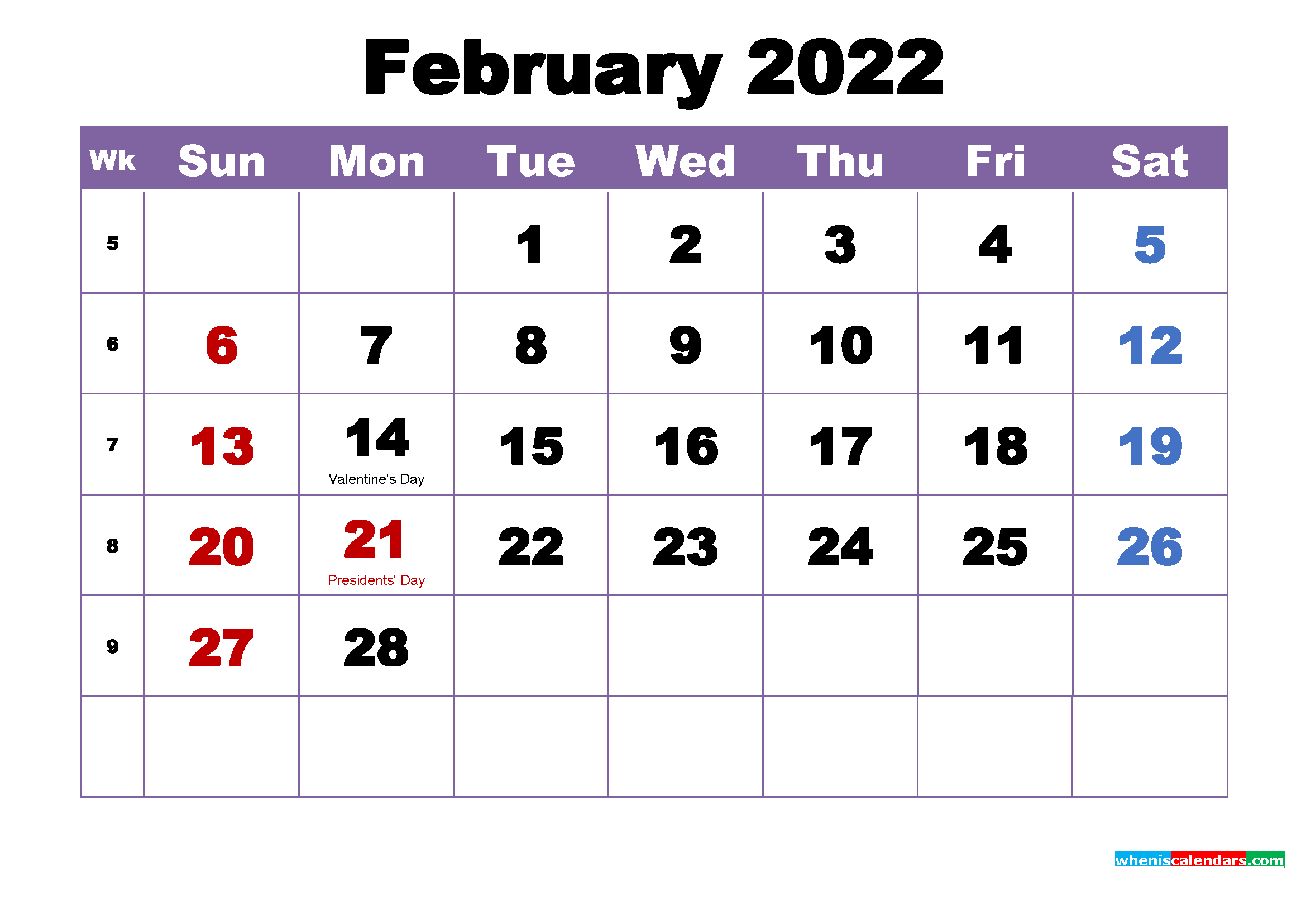 february 2022 calendar with holidays printable 1