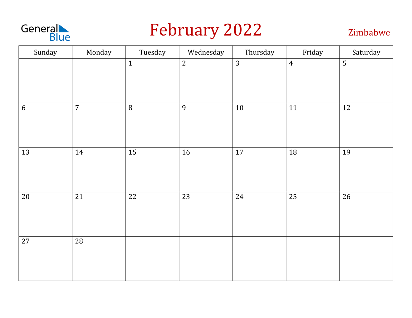 february 2022 calendar zimbabwe