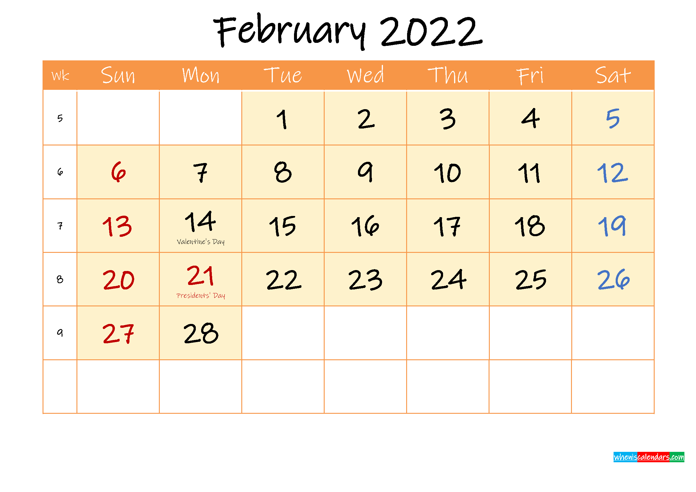 February 2022 Free Printable Calendar Template Ink22m158