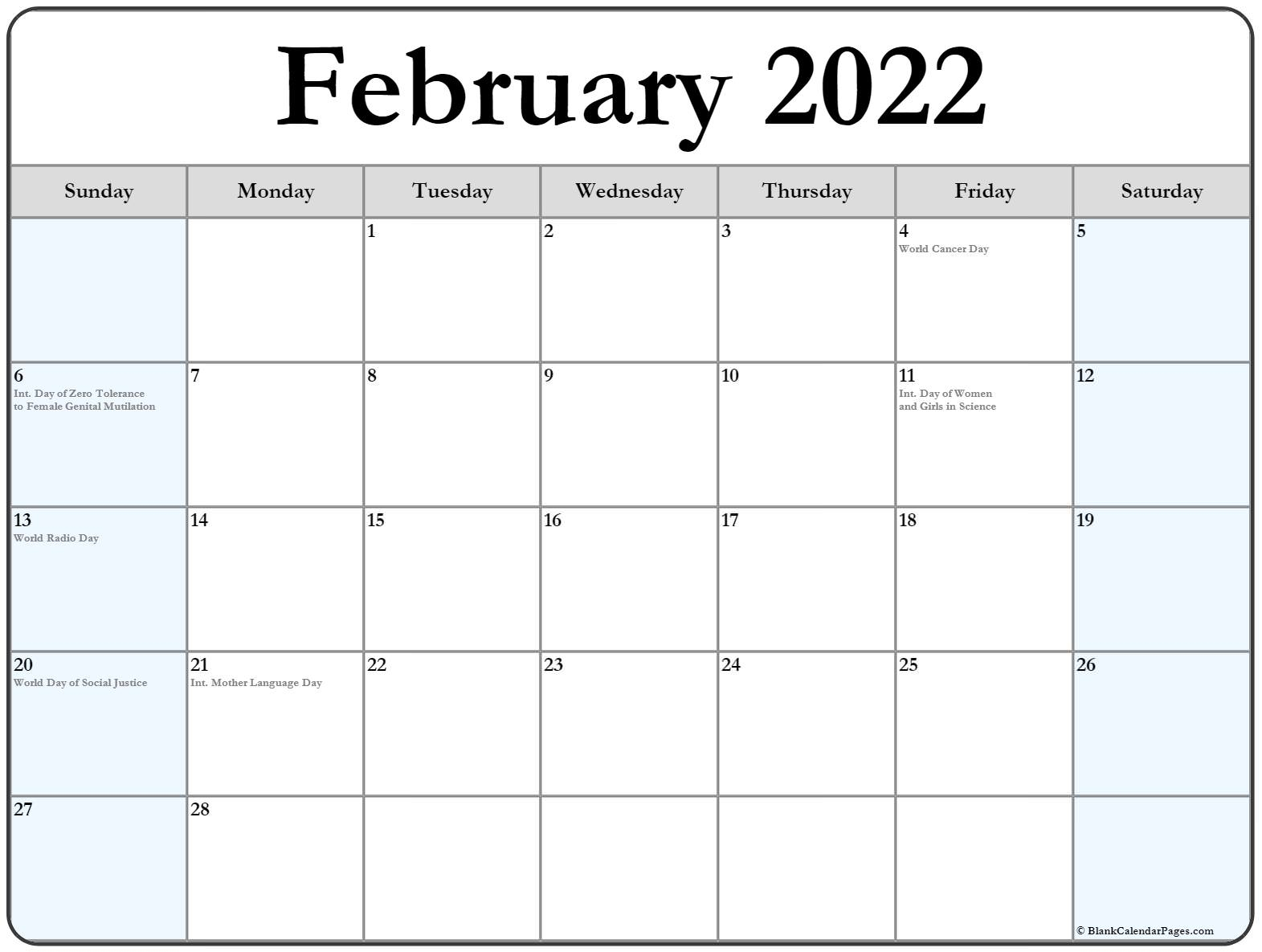 February 2022 With Holidays Calendar 1