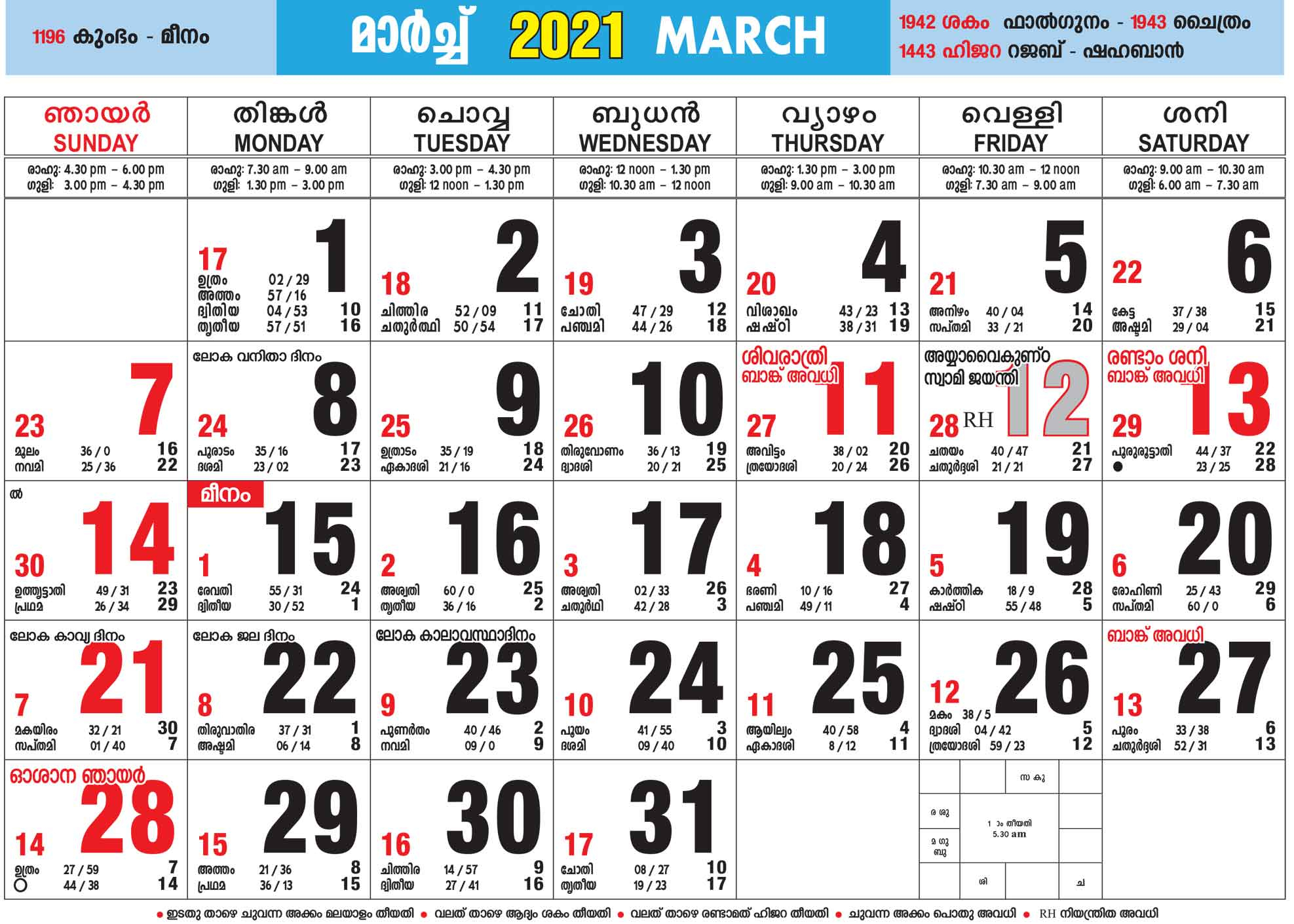 February Calendar 2021 Malayalam 2022