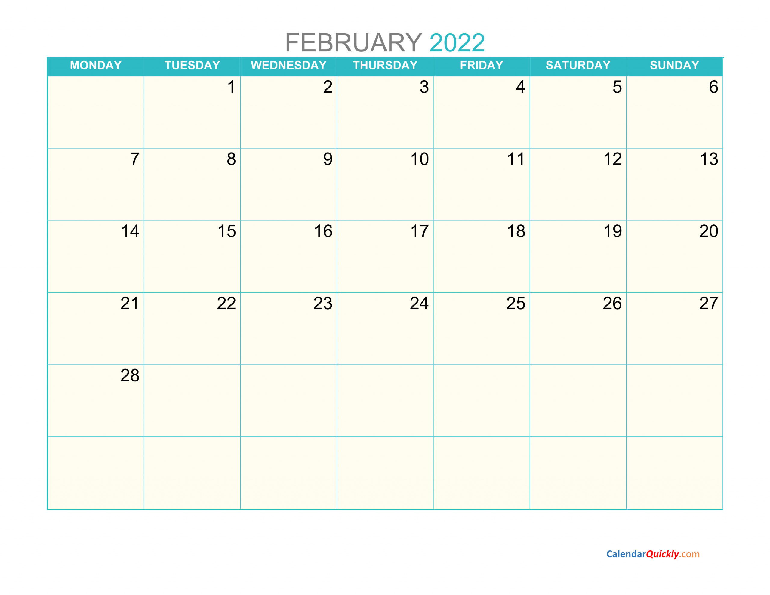 February Monday 2022 Calendar Printable Calendar Quickly 1