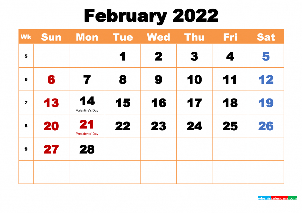 Free February 2022 Calendar With Holidays Printable Pdf