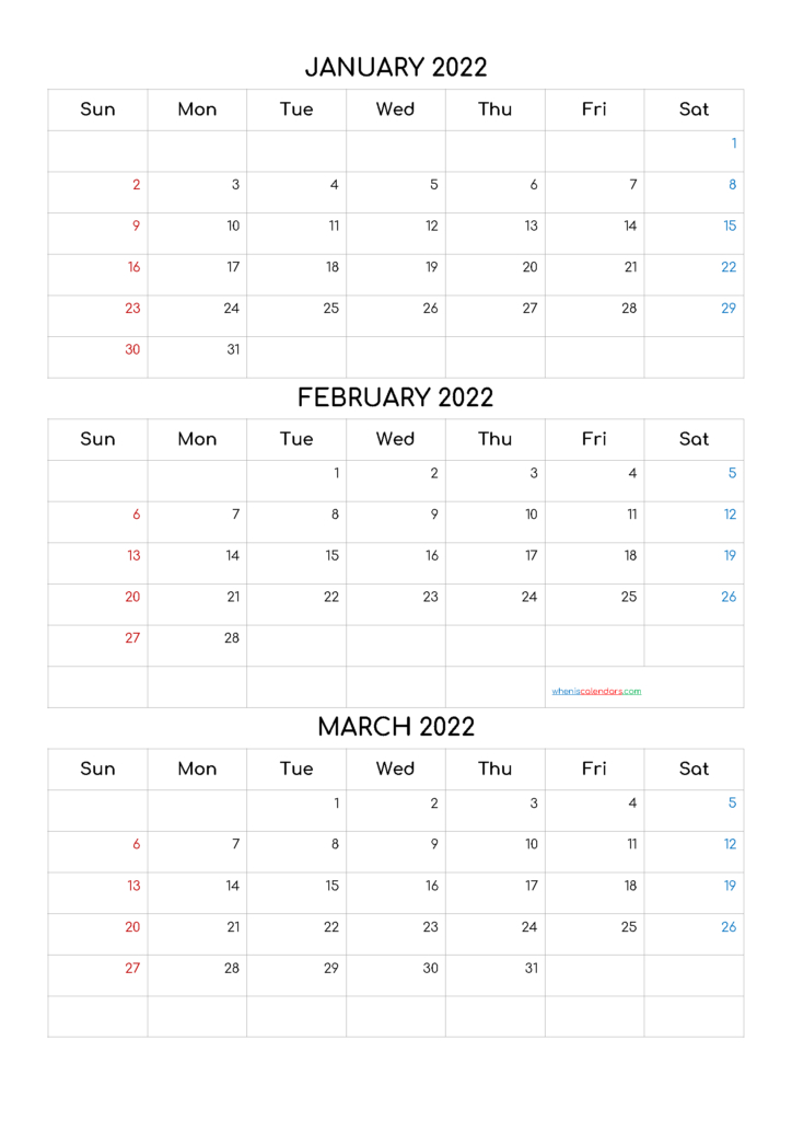 free january february march 2022 calendar template code