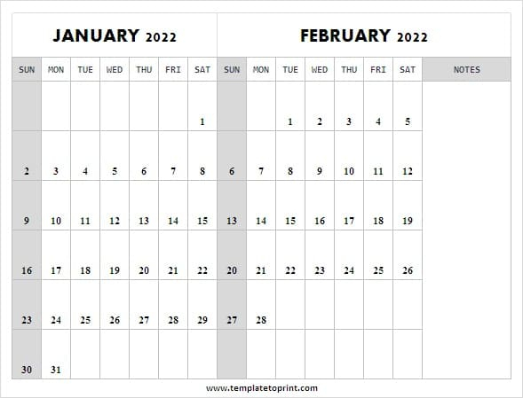 Jan And Feb 2022 Calendar Free Printable 2022 Calendar